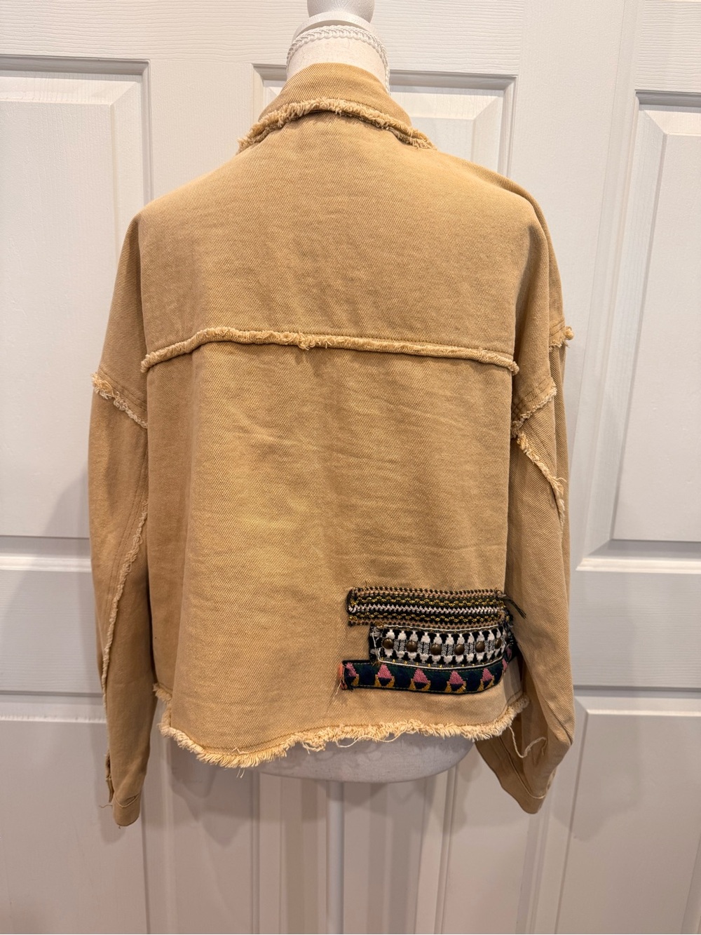 POL Small Tan Boho Embroidered Raw Edge Utility Moto Jacket - Picture 8 of 10